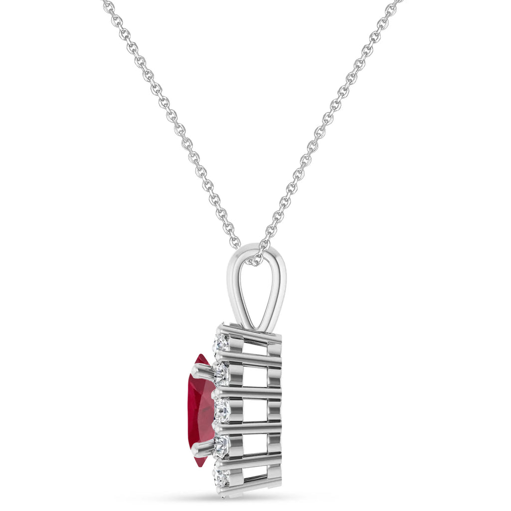 Oval Lab Ruby & Diamond Halo Pendant 14K White Gold (1.42ct)