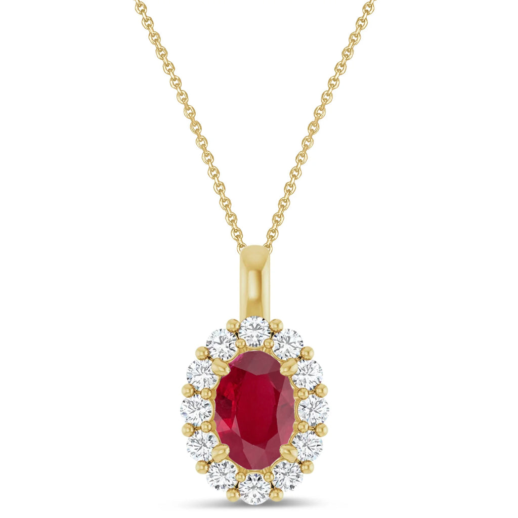 Oval Lab Ruby & Diamond Halo Pendant 14K Yellow Gold (1.42ct)