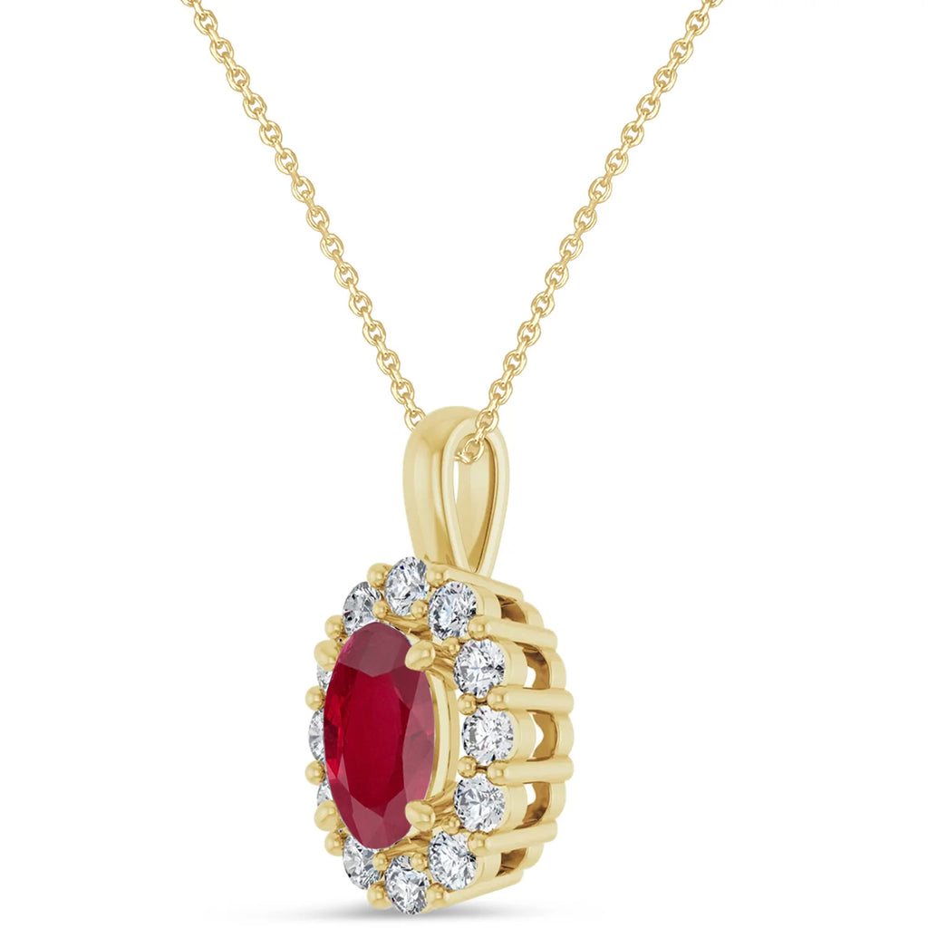Oval Lab Ruby & Diamond Halo Pendant 14K Yellow Gold (1.42ct)