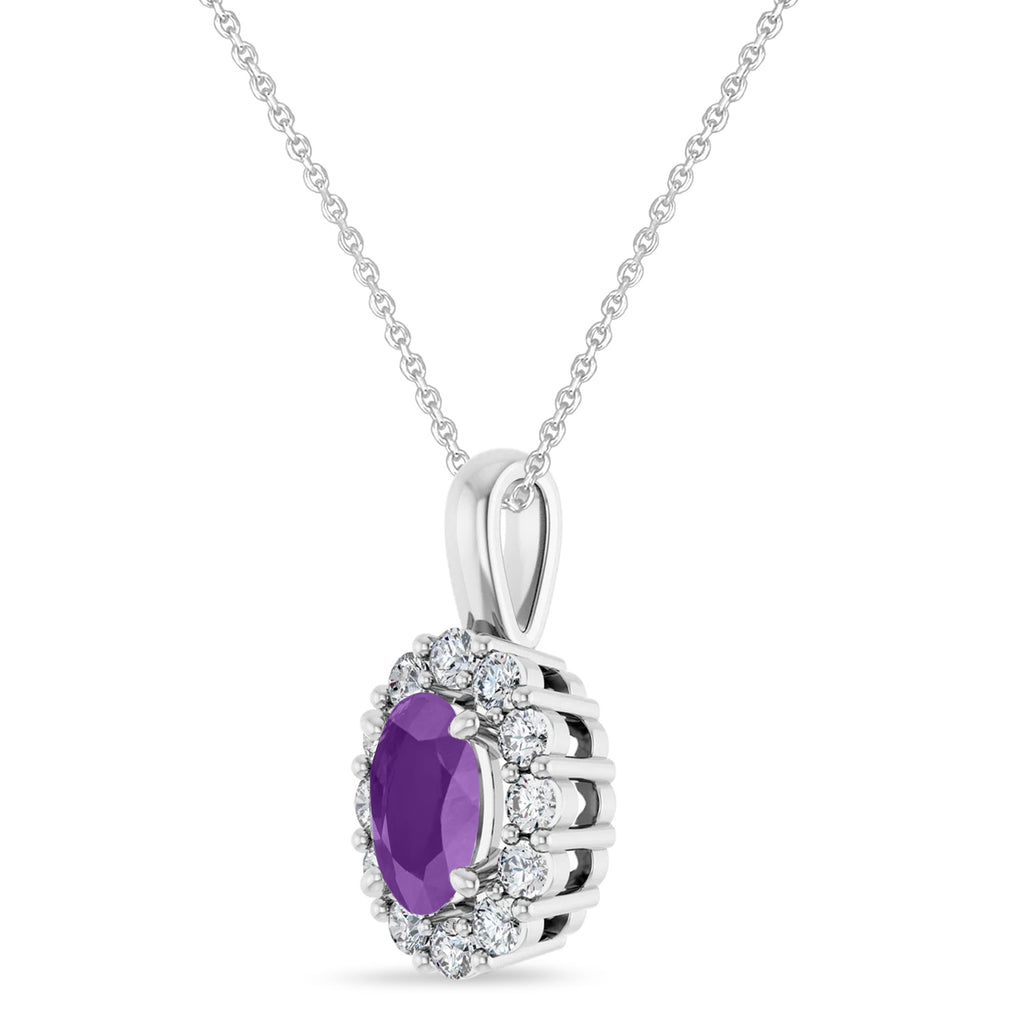 Oval Lab Amethyst & Diamond Halo Pendant 14K White Gold (0.69ct)