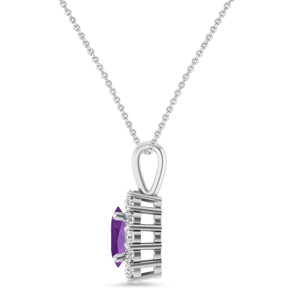 Oval Lab Amethyst & Diamond Halo Pendant 14K White Gold (0.69ct)