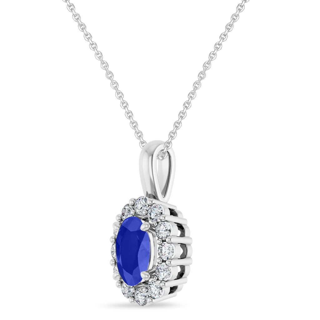 Oval Lab Blue Sapphire & Diamond Halo Pendant 14K White Gold (0.80ct)