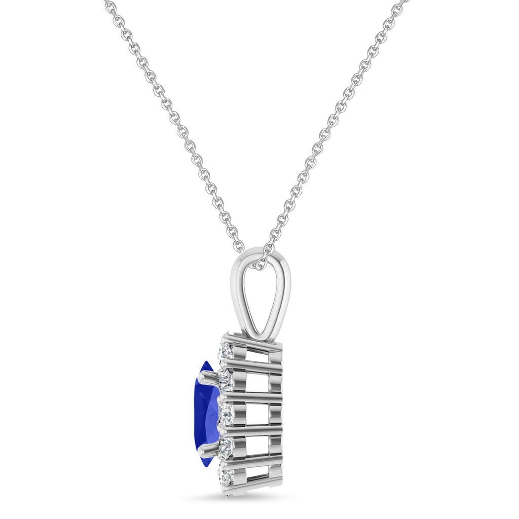 Oval Lab Blue Sapphire & Diamond Halo Pendant 14K White Gold (0.80ct)