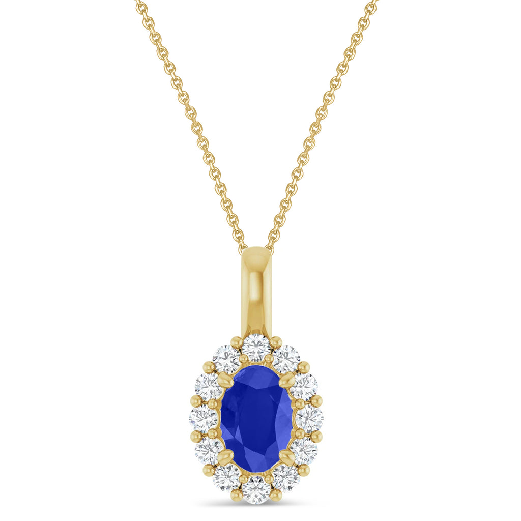 Oval Lab Blue Sapphire & Diamond Halo Pendant 14K Yellow Gold (0.80ct)
