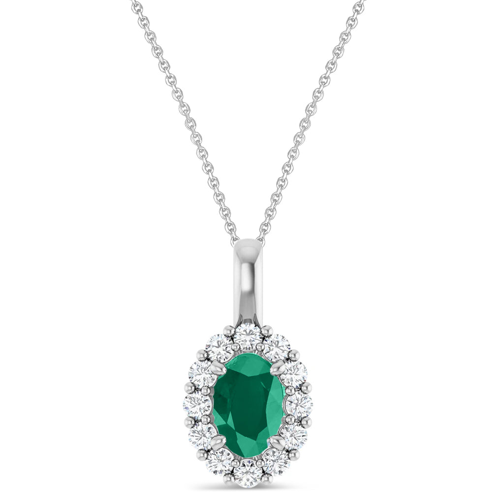 Oval Lab Emerald & Diamond Halo Pendant 14K White Gold (0.64ct)