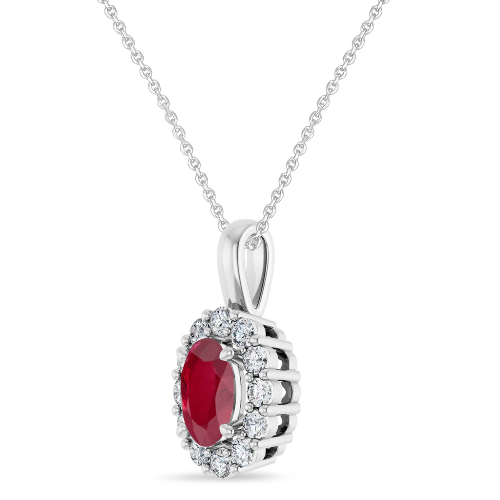 Oval Lab Ruby & Diamond Halo Pendant 14K White Gold (0.84ct)