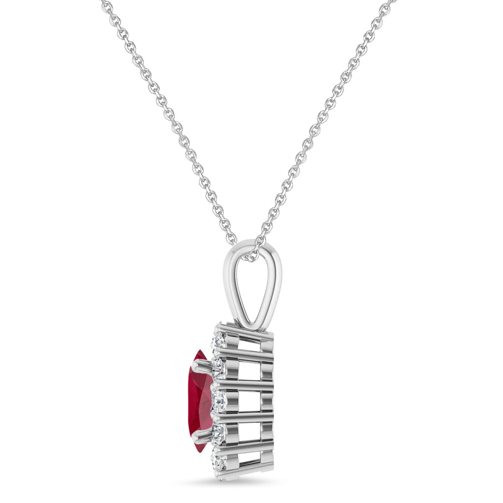 Oval Lab Ruby & Diamond Halo Pendant 14K White Gold (0.84ct)