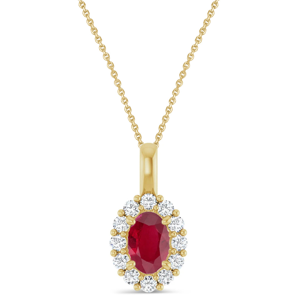 Oval Lab Ruby & Diamond Halo Pendant 14K Yellow Gold (0.84ct)
