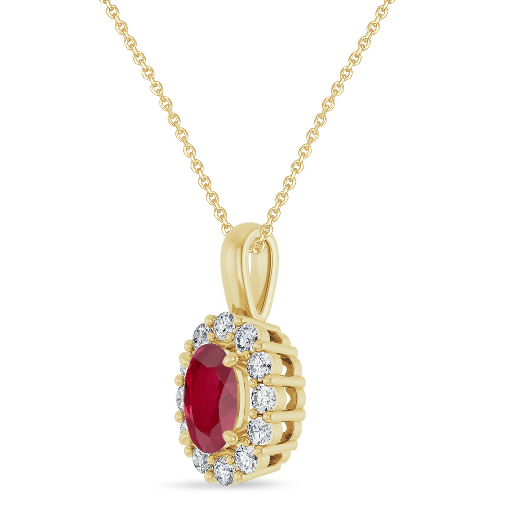 Oval Lab Ruby & Diamond Halo Pendant 14K Yellow Gold (0.84ct)