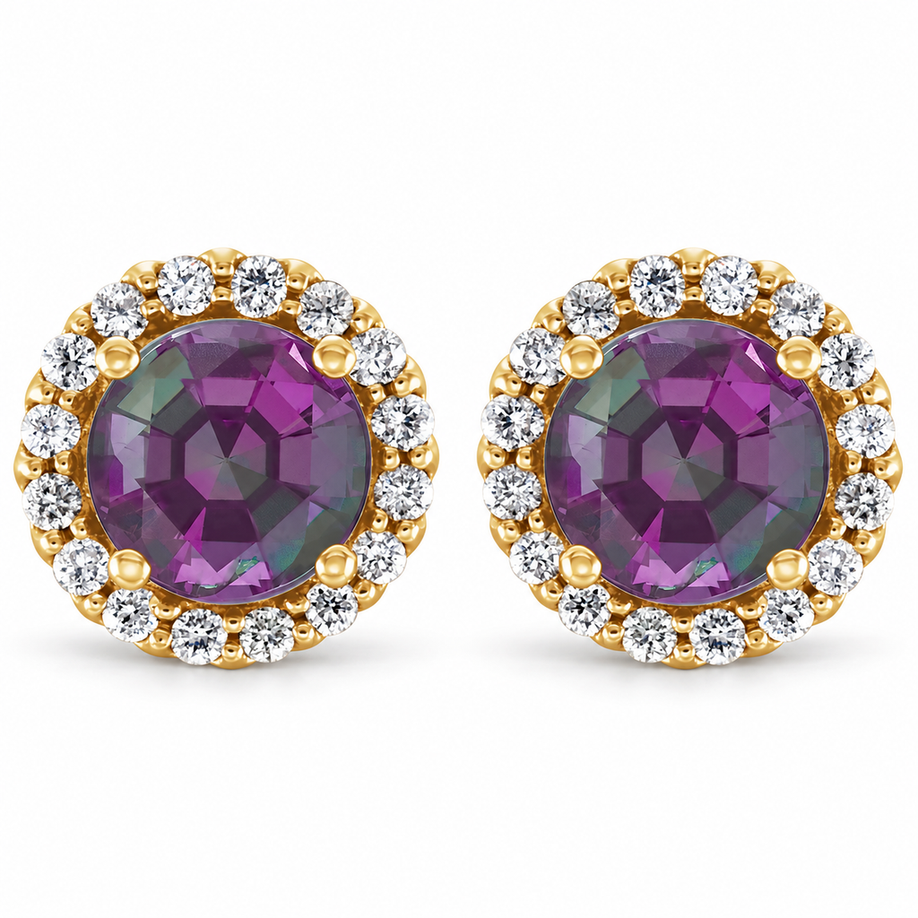 Natural alexandrite and diamond halo stud earrings with a soft shadow, 14K Yellow Gold