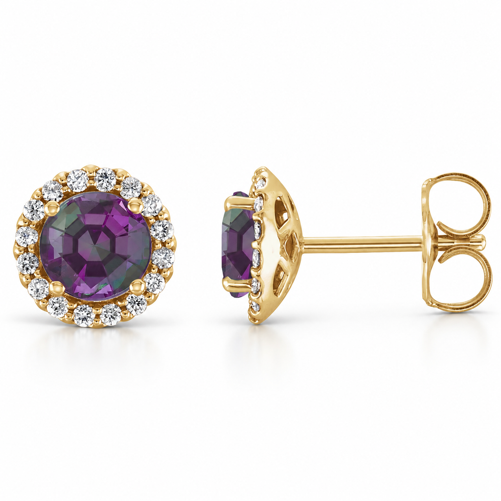Natural alexandrite and diamond halo stud earrings with a soft shadow, 14K Yellow Gold