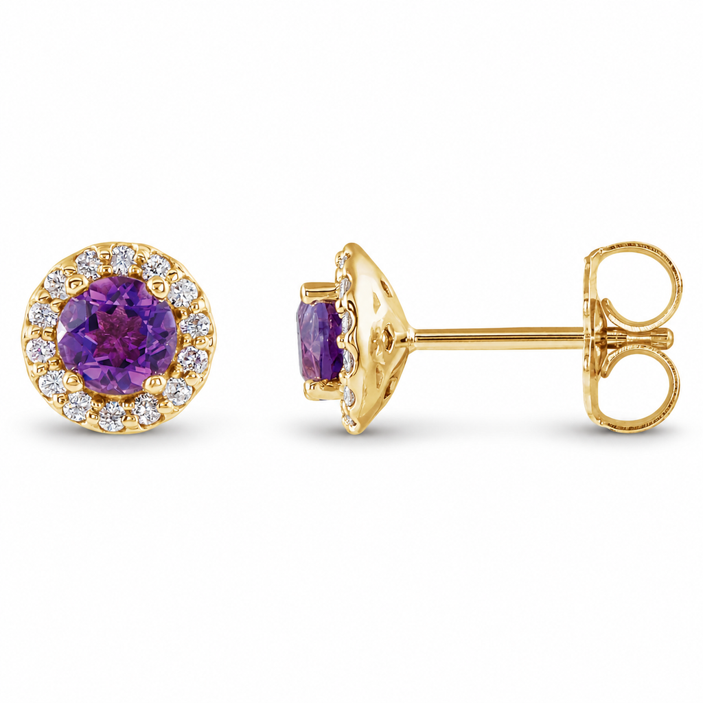 Natural amethyst and diamond halo stud earrings with a soft shadow, 14K Yellow Gold