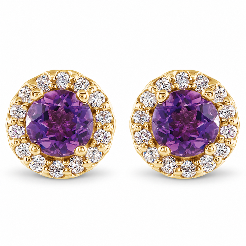 Natural amethyst and diamond halo stud earrings with a soft shadow, 14K Yellow Gold