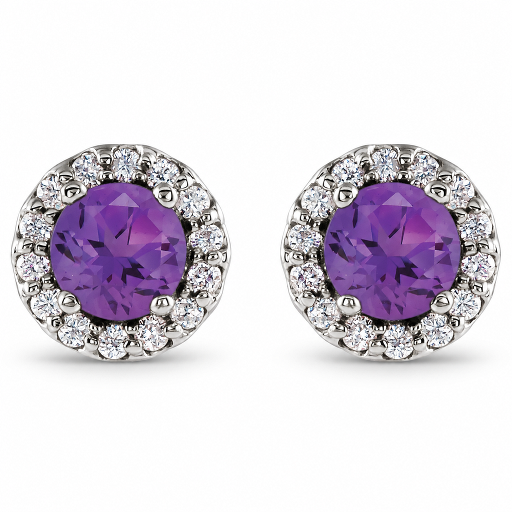 Natural amethyst and diamond halo stud earrings with a soft shadow, white metal