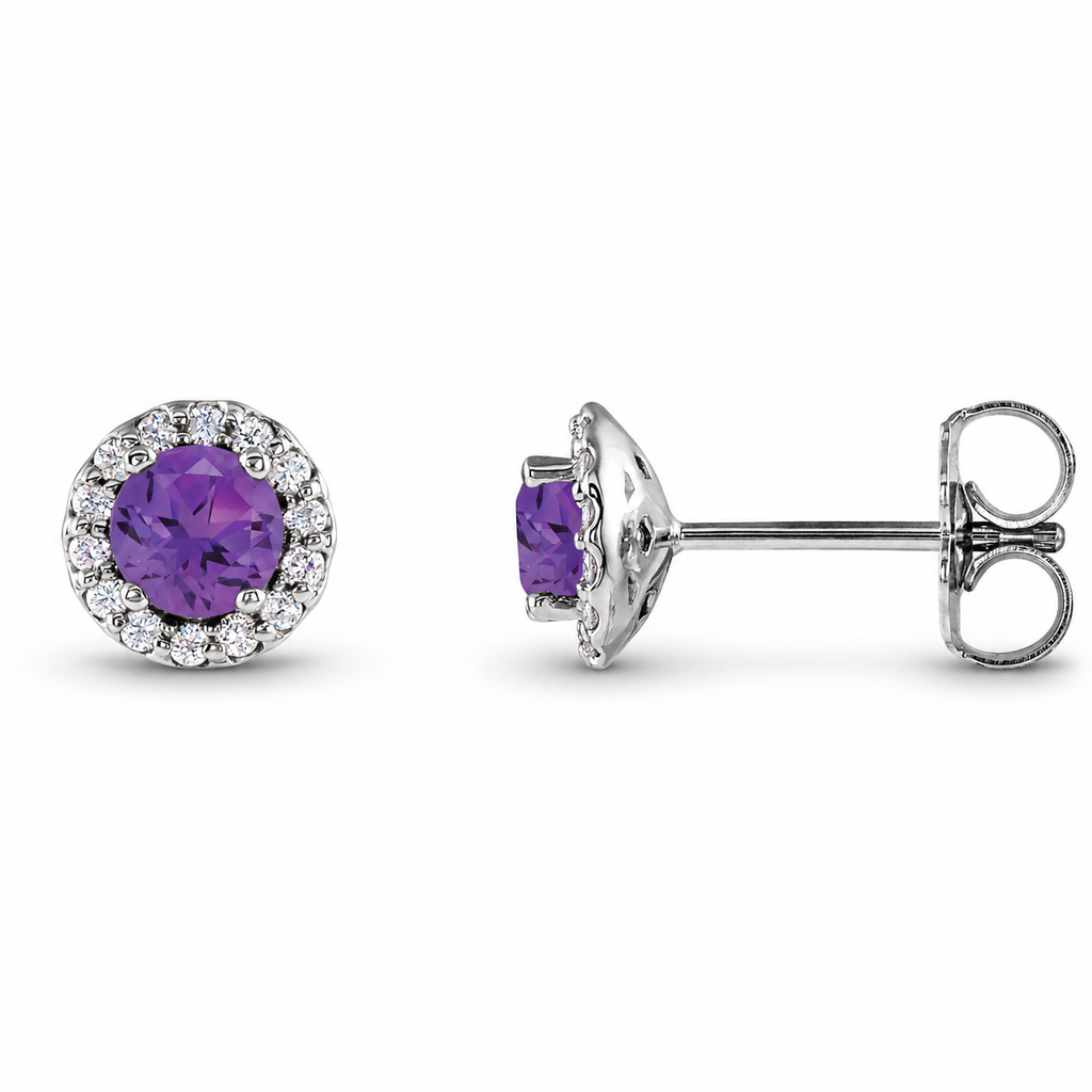 Natural amethyst and diamond halo stud earrings with a soft shadow, white metal