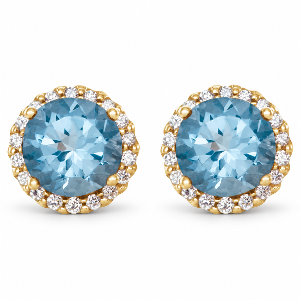 Natural aquamarine and diamond halo stud earrings in 14K Yellow Gold with soft shadows