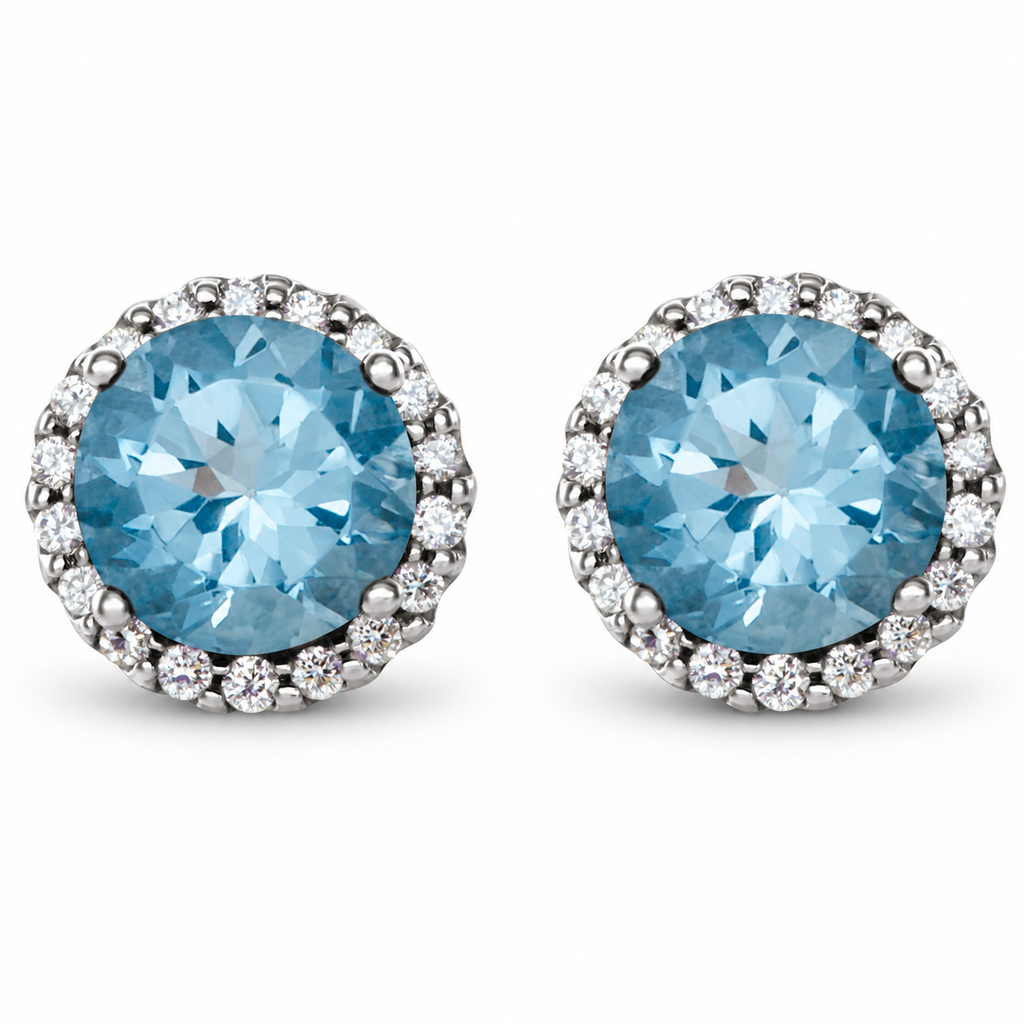 Natural aquamarine and diamond halo stud earrings with a soft shadow, white metal