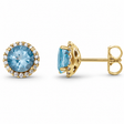 Round Natural Aquamarine & Diamond Halo Stud Earrings 14K Yellow Gold 0.42ct