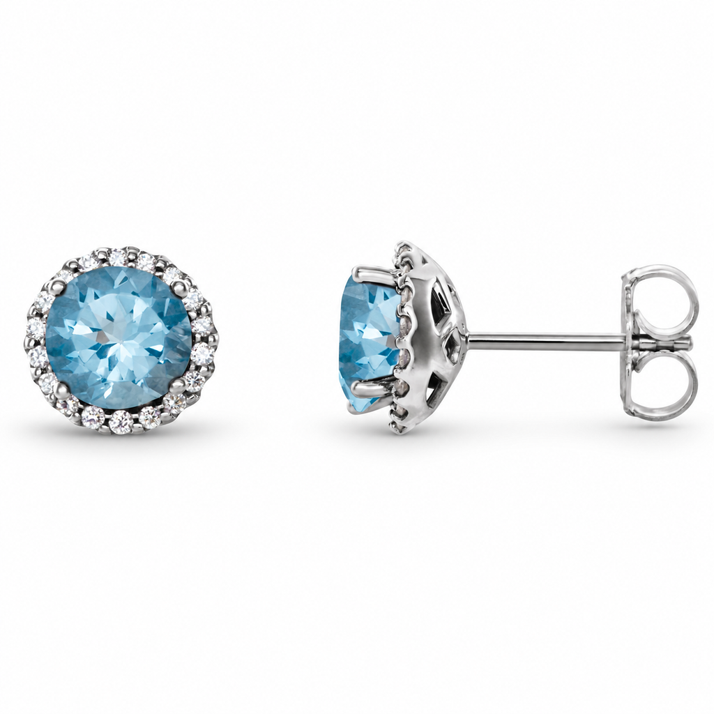 Natural aquamarine and diamond halo stud earrings with a soft shadow, white metal