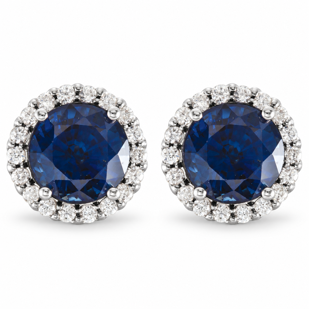 Natural blue sapphire diamond halo stud earrings with soft natural shadow