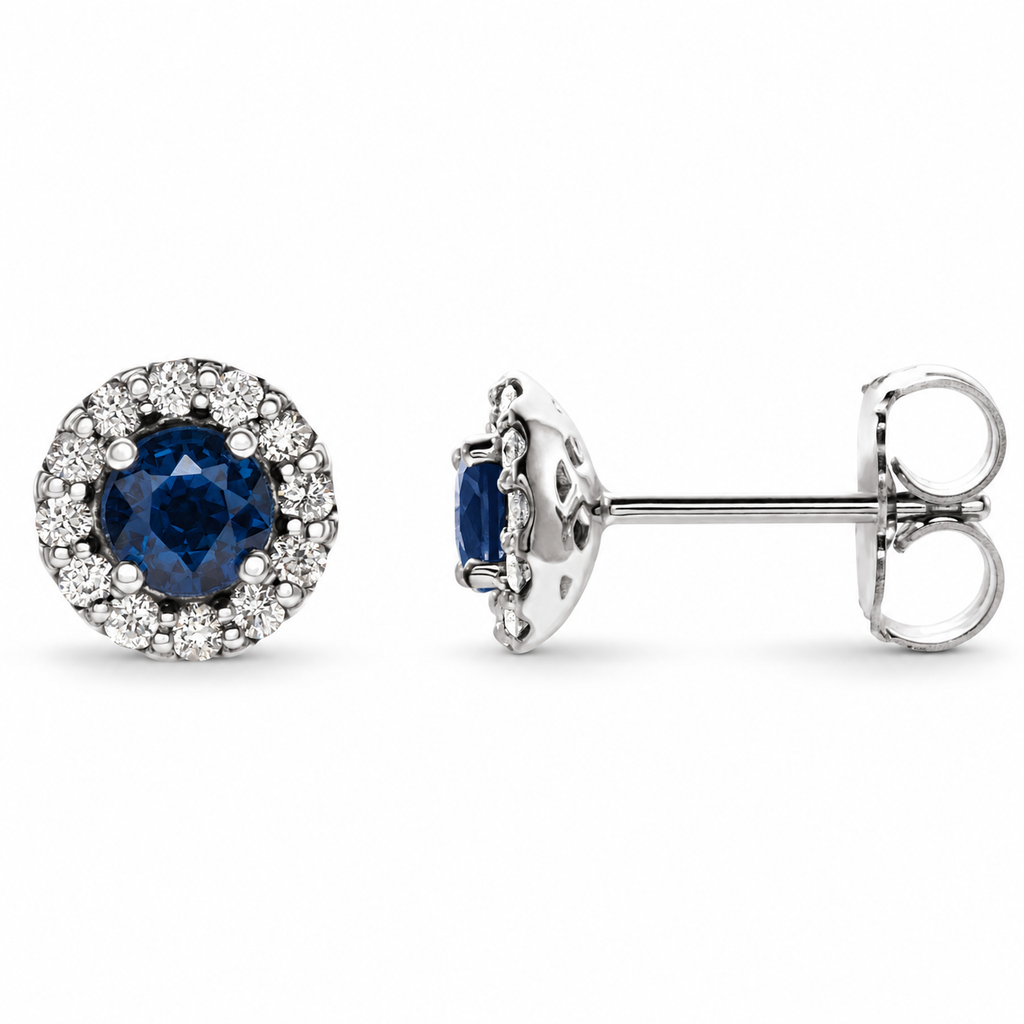 Natural blue sapphire diamond halo stud earrings with soft natural shadow