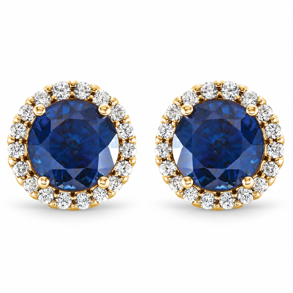 Natural blue sapphire diamond halo stud earrings with soft natural shadow