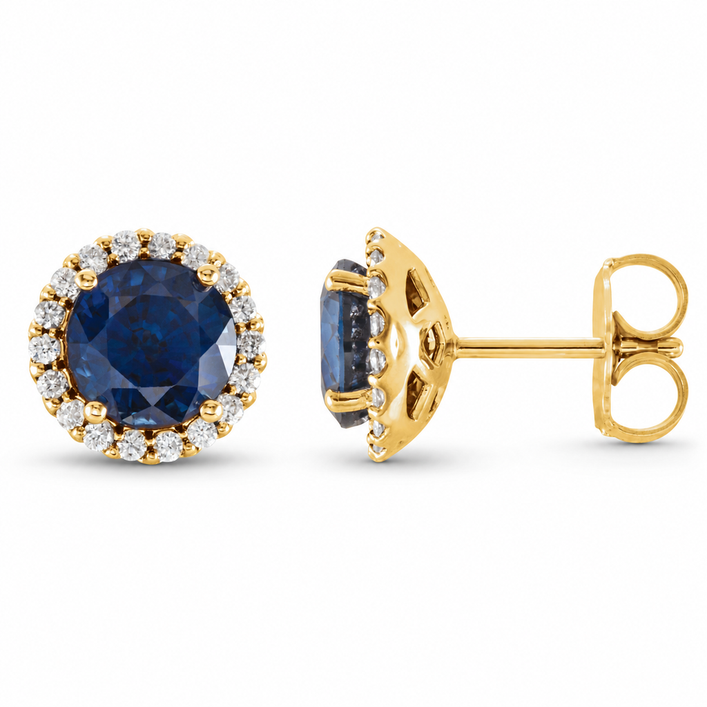 Natural blue sapphire diamond halo stud earrings with soft natural shadow