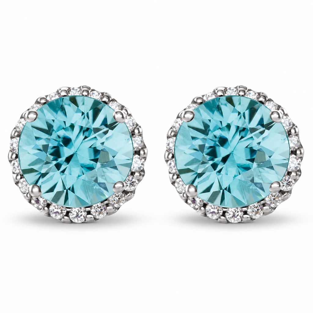 Natural blue zircon halo stud earrings with soft natural shadows