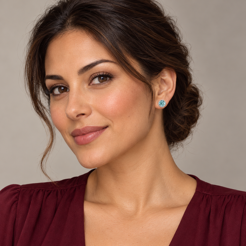 Natural blue zircon halo stud earrings — full-face model