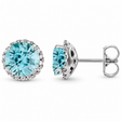 Round Natural Blue Zircon & Diamond Halo Stud Earrings 14K White Gold 0.64ct