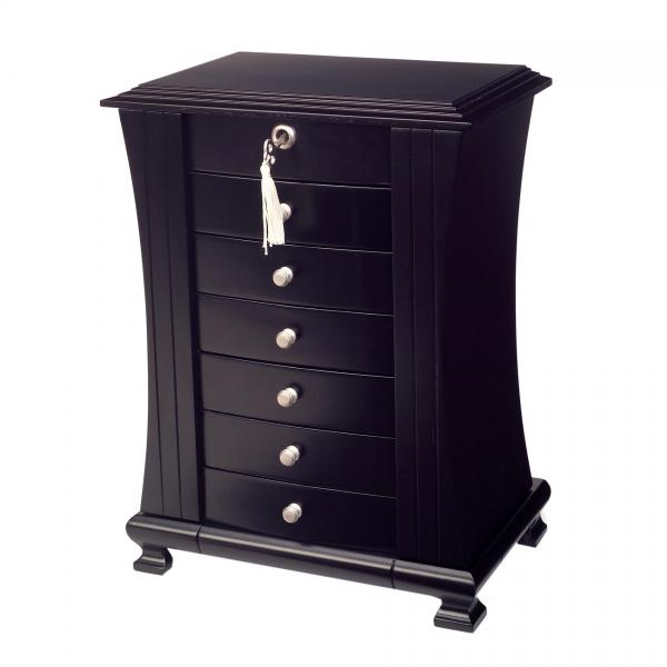 Java Finish Upright Wooden Jewelry Box. Drawers, Mirror, Locking Top