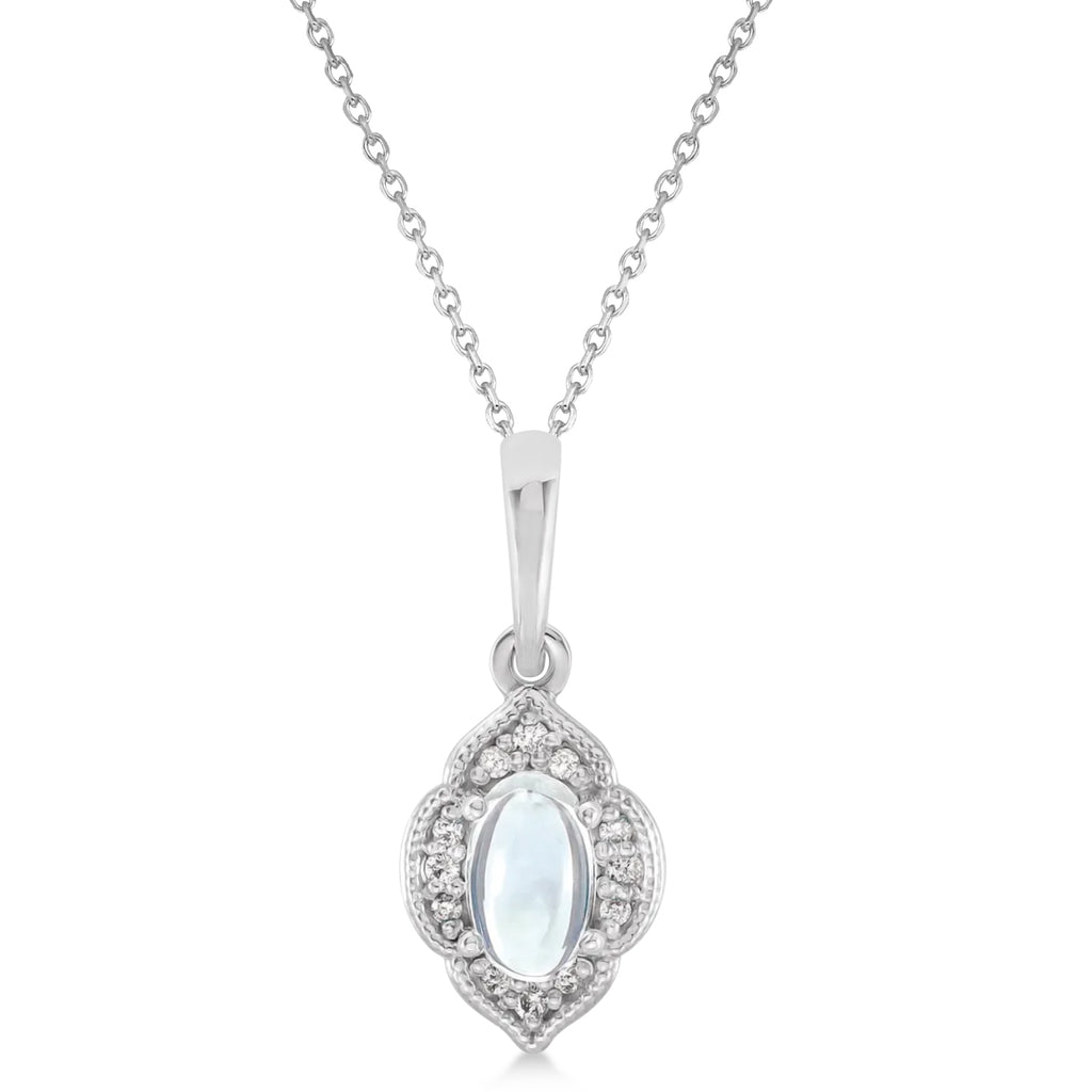 Natural Rainbow Moonstone & Diamond Clover Pendant 14K White Gold (0.27ct)