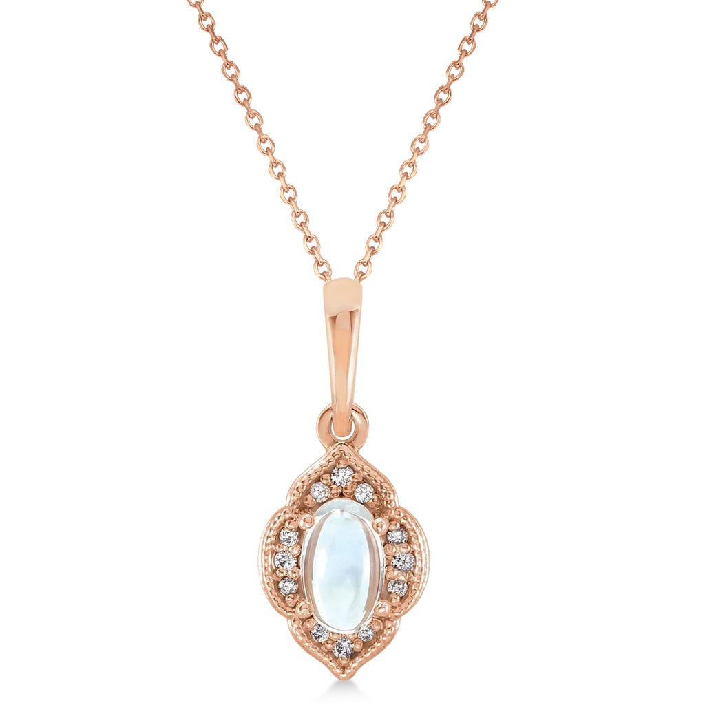 Natural Rainbow Moonstone & Diamond Clover Pendant 14K Rose Gold (0.27ct)