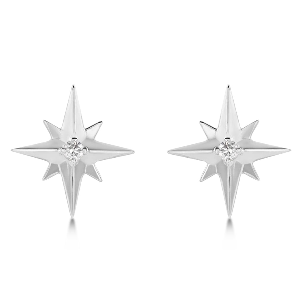 Diamond Star Compass Stud Earrings 14k White Gold (0.03ct)