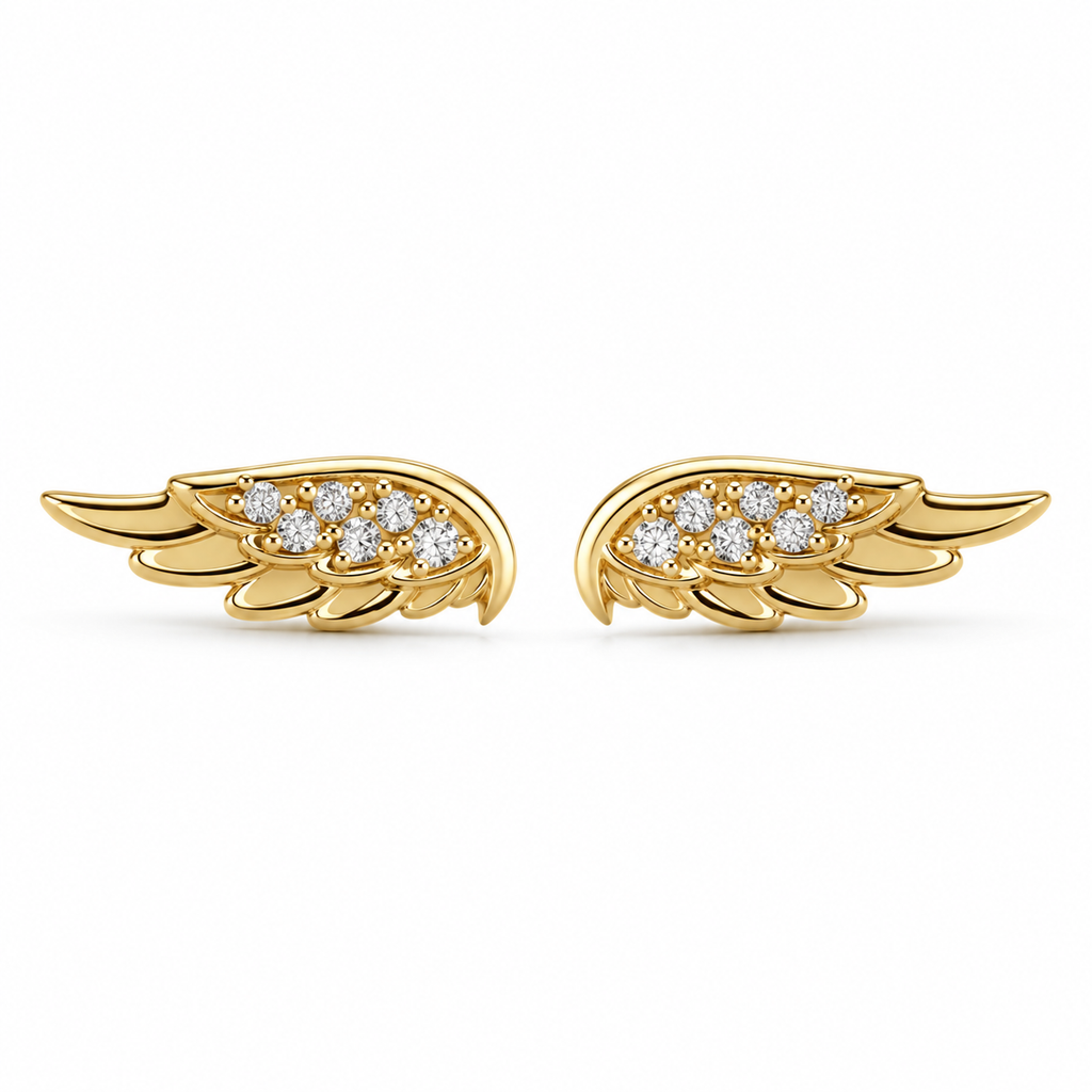 Diamond Accented Angel Wings Stud Earrings 14K Yellow Gold (0.03ct)