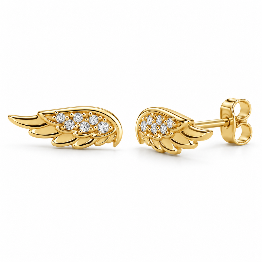 Diamond Accented Angel Wings Stud Earrings 14K Yellow Gold (0.03ct)
