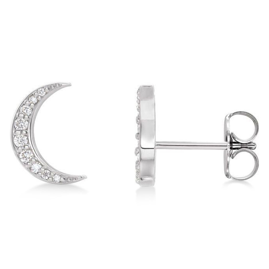Natural Diamond Crescent Moon Stud Earings 14K White Gold (0.10ct)