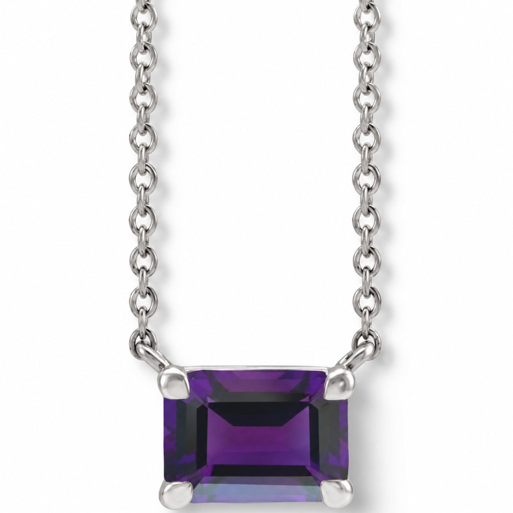 Emerald Cut Natural Amethyst Necklace in 14K White Gold A