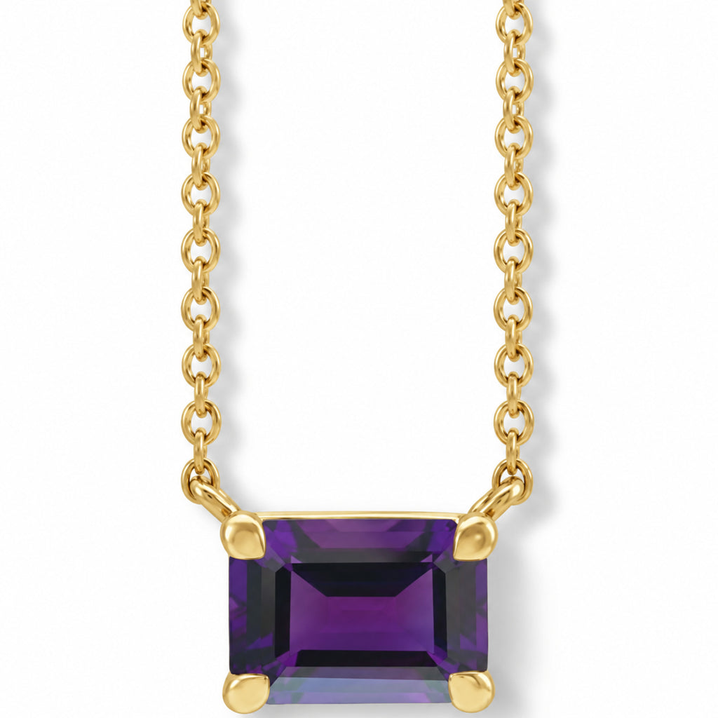 Emerald Cut Natural Amethyst Necklace in 14K Yellow Gold A