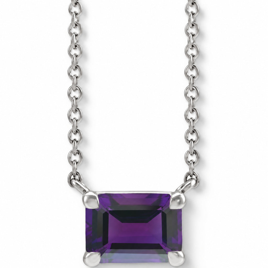 Emerald Cut Natural Amethyst Necklace in Sterling Silver A