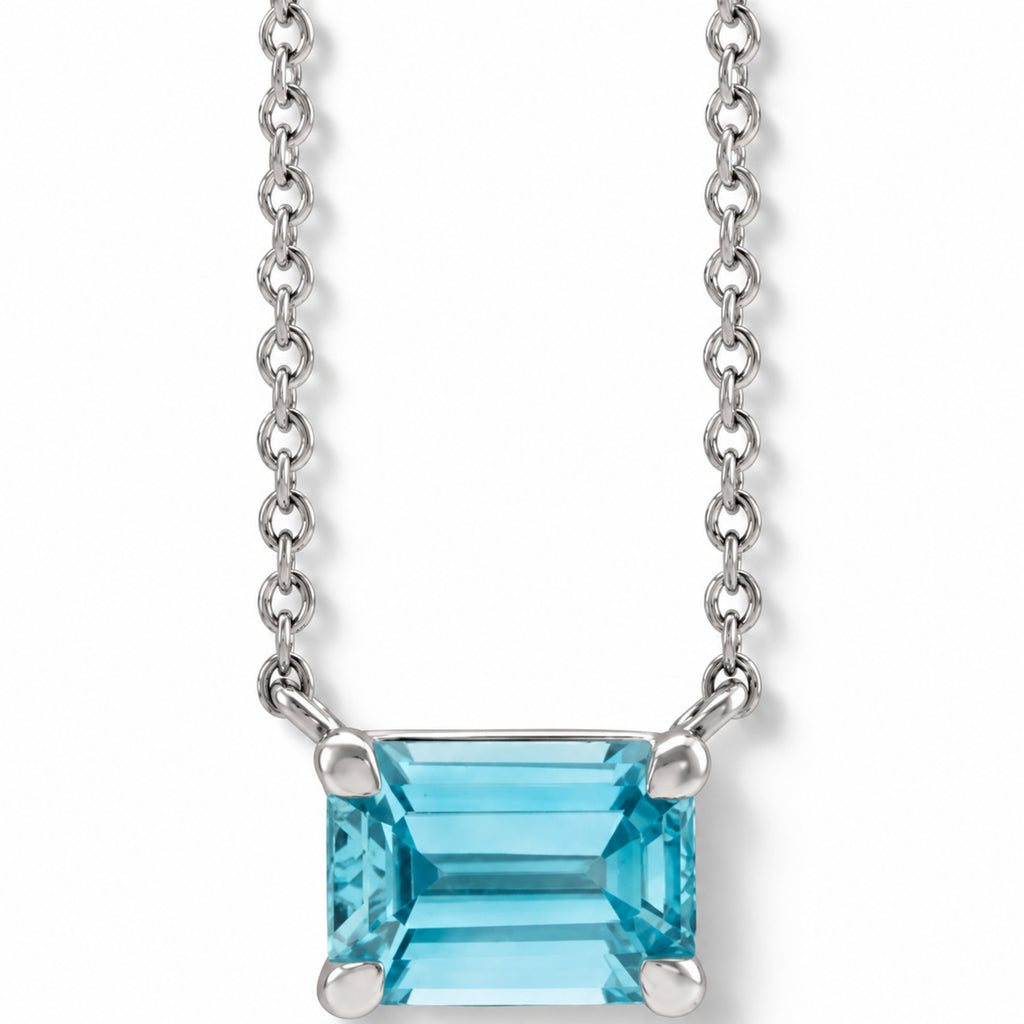 Emerald Cut Natural Blue Zircon Necklace in 14K White Gold A
