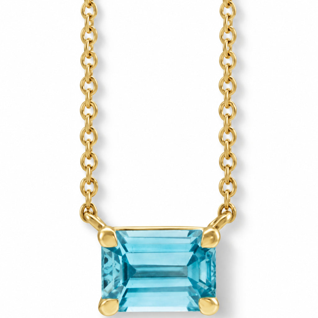 Emerald-Cut Natural Blue Zircon Necklace in 14K Yellow Gold front