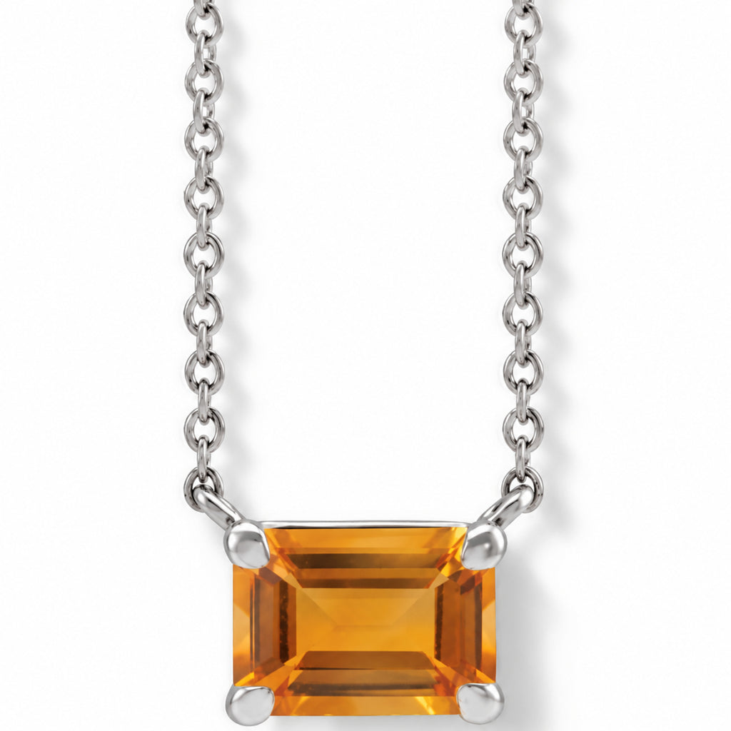 Emerald-Cut Natural Citrine Necklace in 14K White Gold front