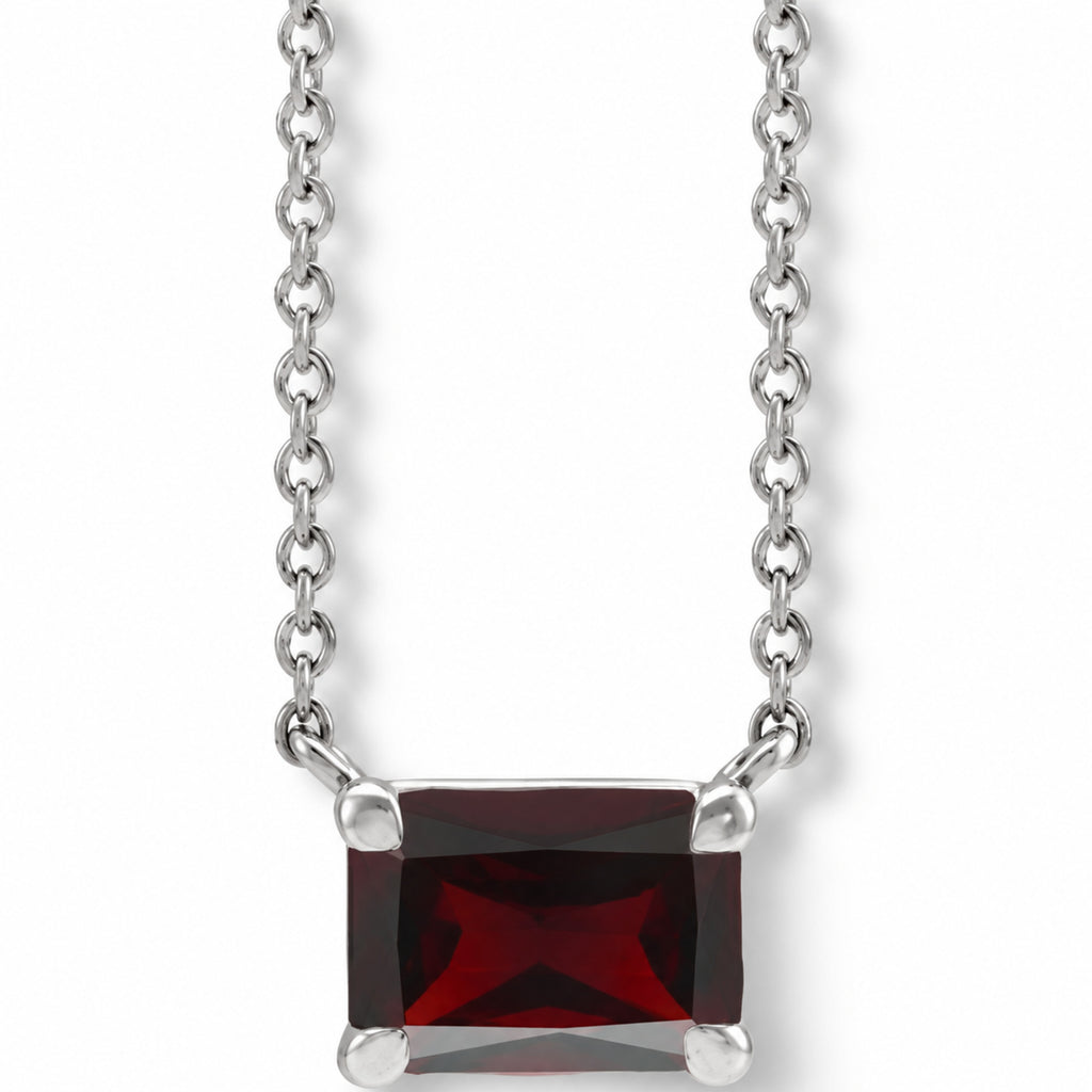 Emerald-Cut Natural Mozambique Garnet Necklace in 14K White Gold front