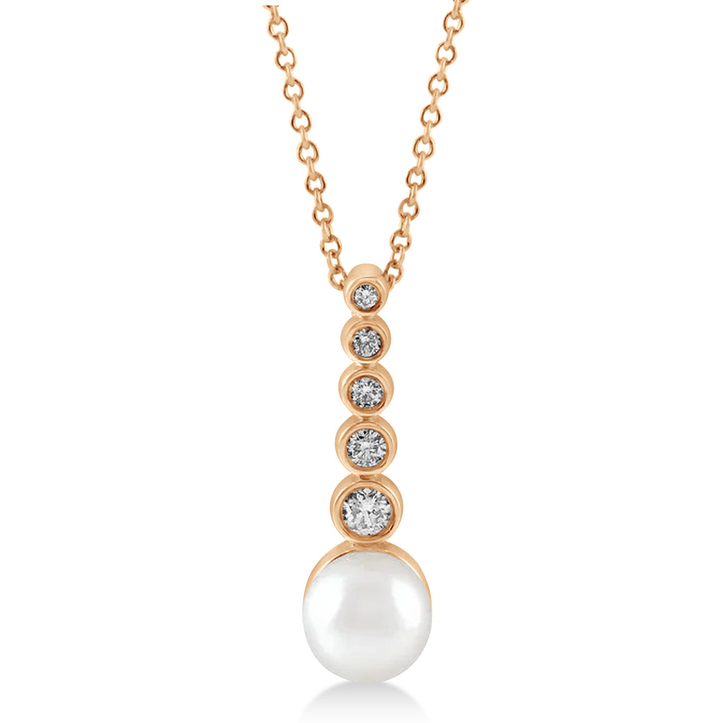 Diamond & Akoya Pearl Bar Pendant Necklace 14k Rose Gold (6.50mm)