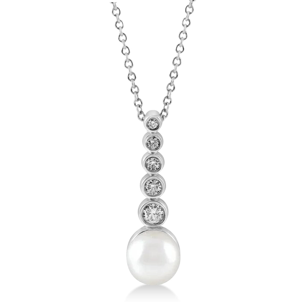 Diamond & Akoya Pearl Bar Pendant Necklace 14k White Gold (6.50mm)