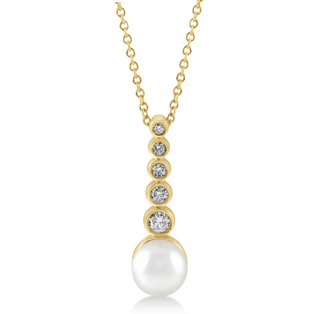 Diamond & Akoya Pearl Bar Pendant Necklace 14k Yellow Gold (6.50mm)