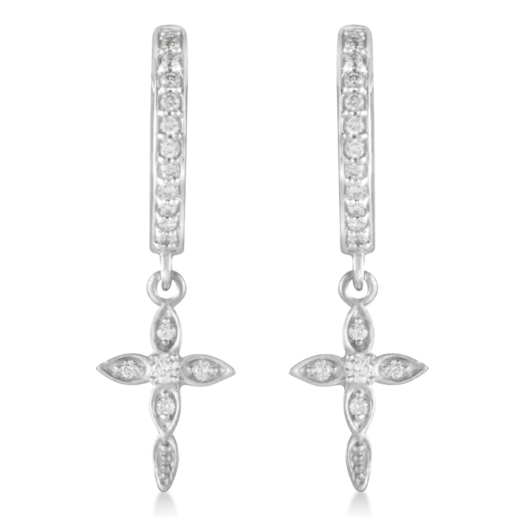 Diamond Cross Hinged Hoop Earrings 14k White Gold (0.13ct)