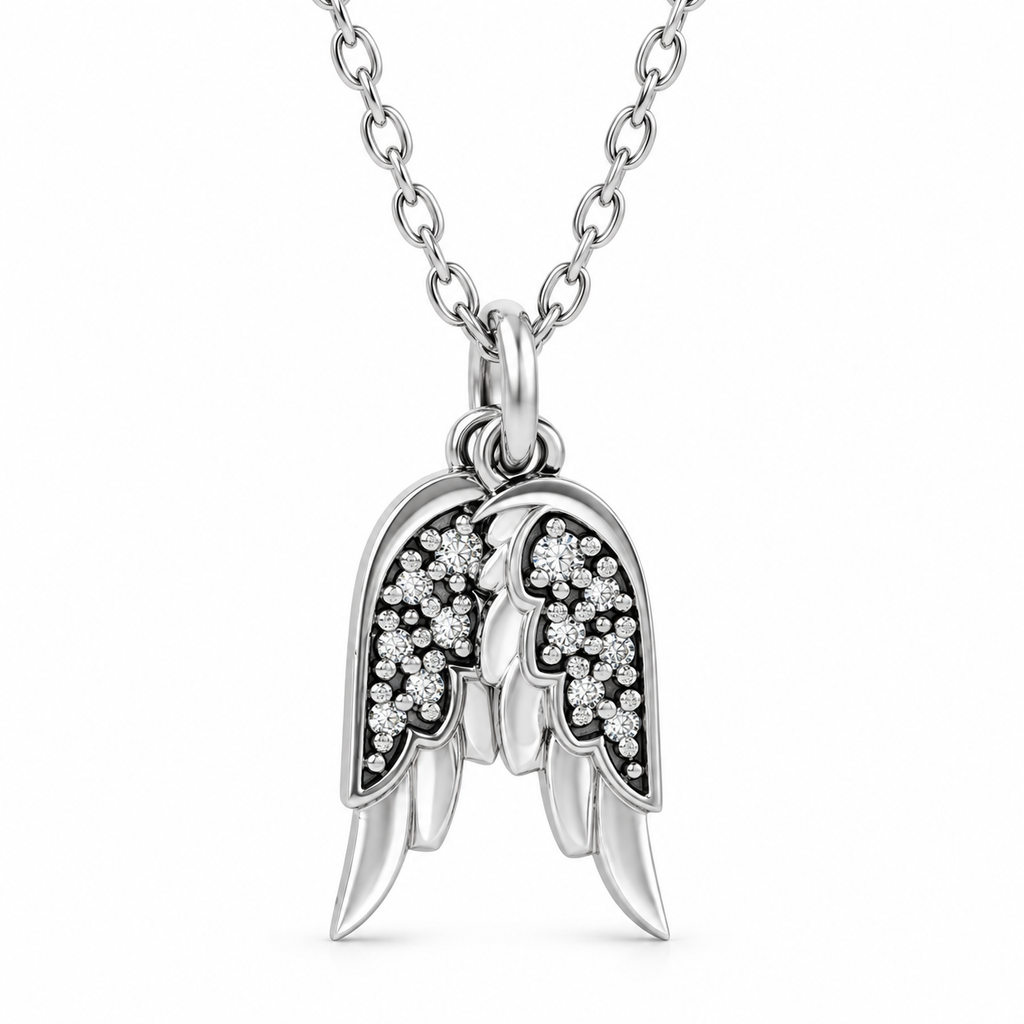 Diamond Accented Angel Wings Pendant Necklace 14K White Gold (0.03ct)