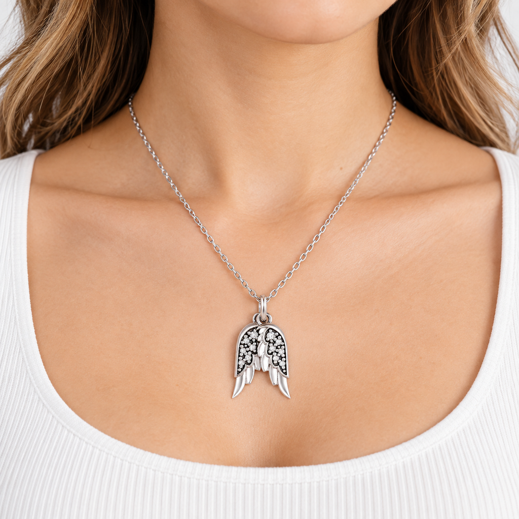 Diamond Accented Angel Wings Pendant Necklace 14K White Gold (0.03ct)